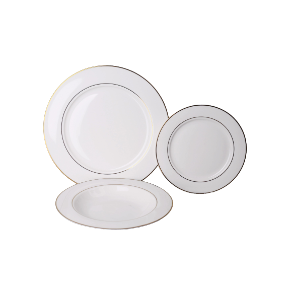 Set farfurii DacEnergy©, realizat din portelan, 6 farfurii intinse, 6 farfurii adanci, 6 farfurii pentru desert, culoarea alba cu detaliu auriu, design clasic, 18 piese-Dacenergy.ro
