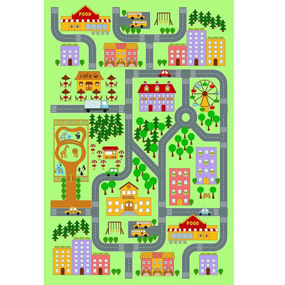 Covor cu print digital pentru copii DacEnergy©, 100% poliester/spuma/pasla, model oras, 150x100 cm, multicolor-Dacenergy.ro