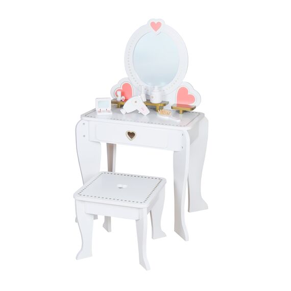 Set de toaleta pentru copii cu masuta si scaun DacEnergy©, fabricat din MDF si lemn, cu sertare, cu oglinda, accesorii incluse, 49 x34 x97 cm, alb, Culoare: Alb-Dacenergy.ro